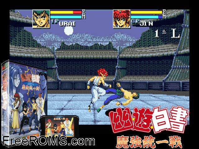 Yuu Yuu Hakusho - Makyou Toitsusen (Japan) [T-Chi] Genesis game showing 3D box cover and gameplay screenshot